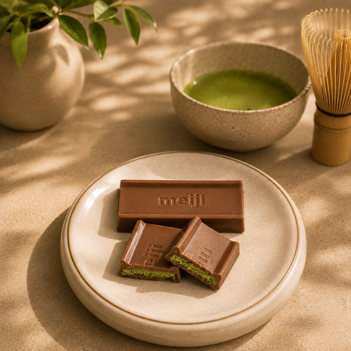 Matcha chocolate unwrapped — pale green squares of chocolate made with first-harvest matcha.
