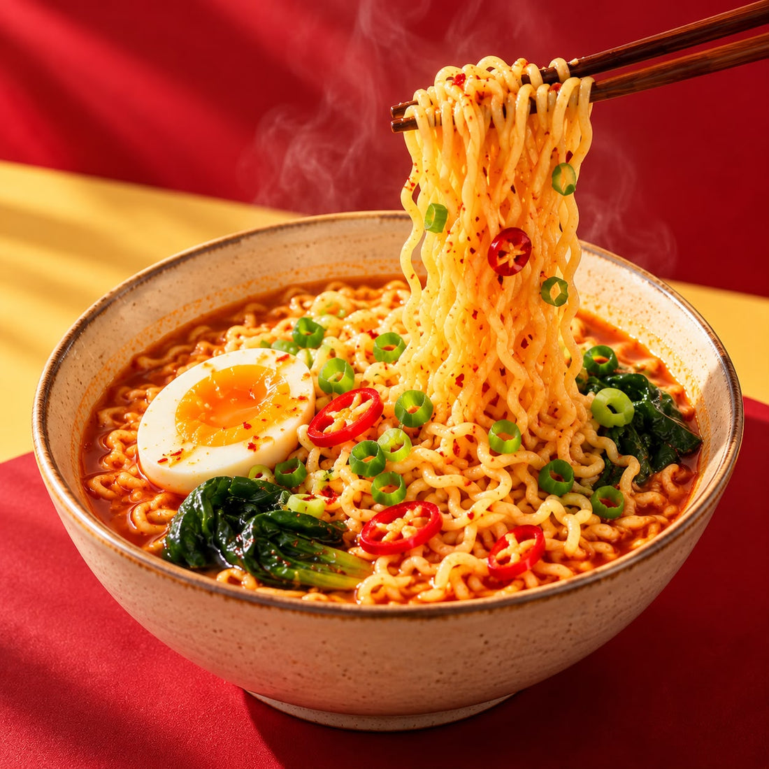 A bowl of red, spicy ramyeon with a soft-boiled egg, spring onion and chilli, lifted with chopsticks.