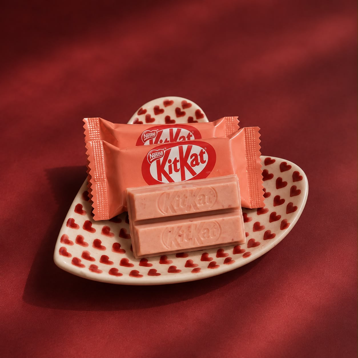 Two wrapped Japanese strawberry Kit Kat minis and two unwrapped pink bars on a heart-patterned dish against a deep red background.