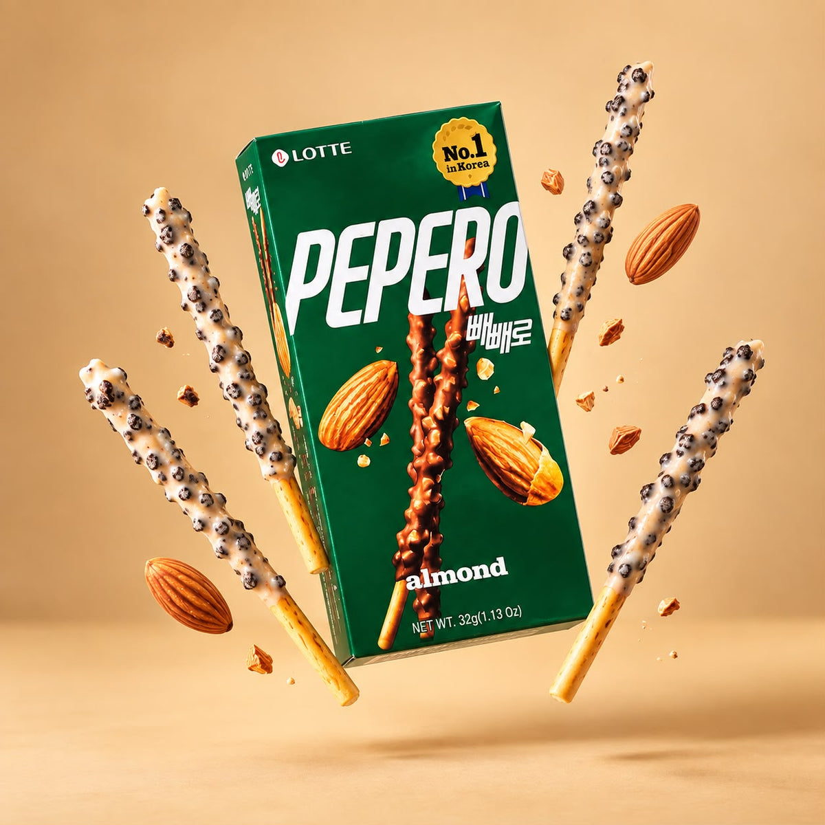 Lotte Pepero Almond in its green box, with chocolate-almond and cookie-crumb coated biscuit sticks floating around it.