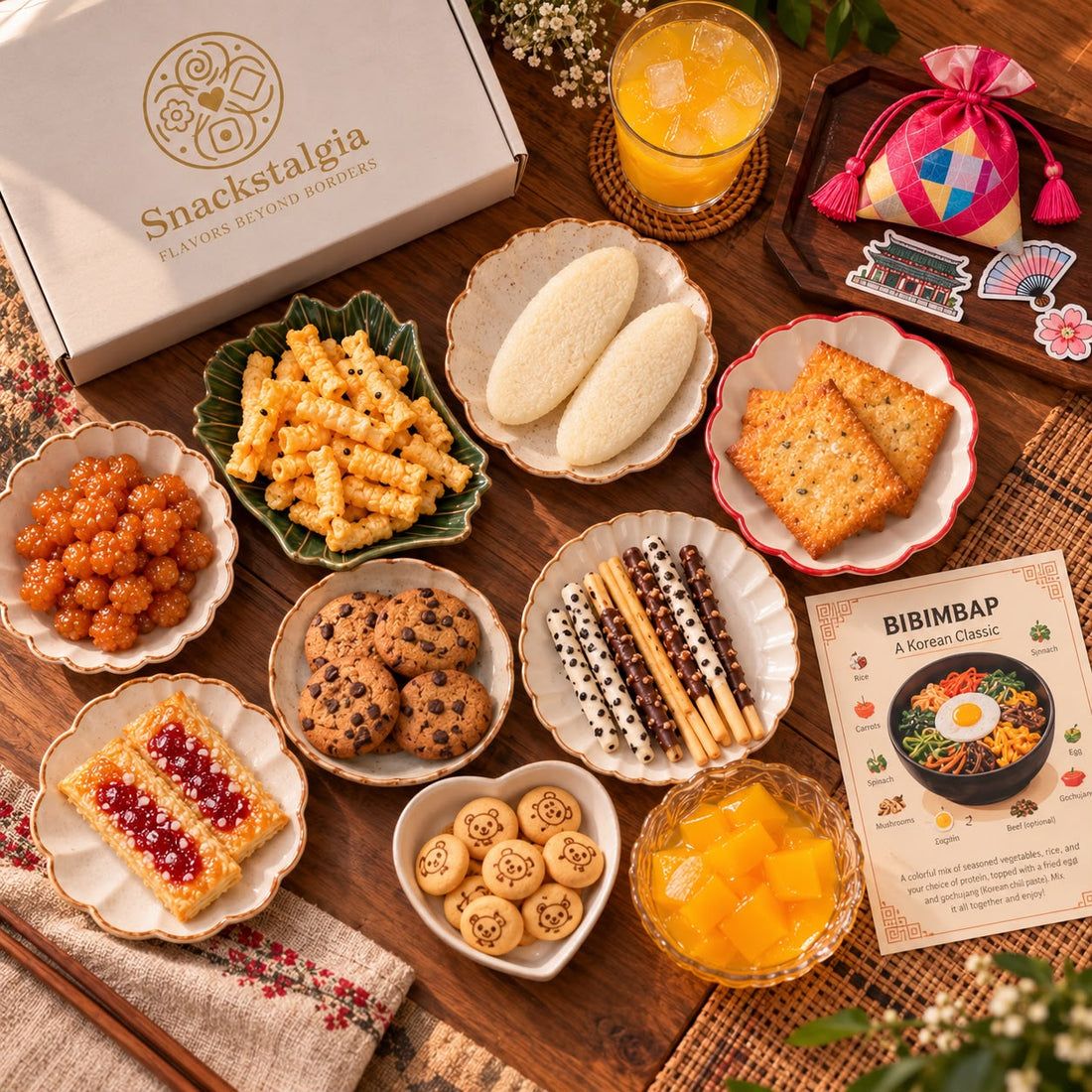 Korean snacks spread across a table, some still in their colourful packets and some opened to show what's inside