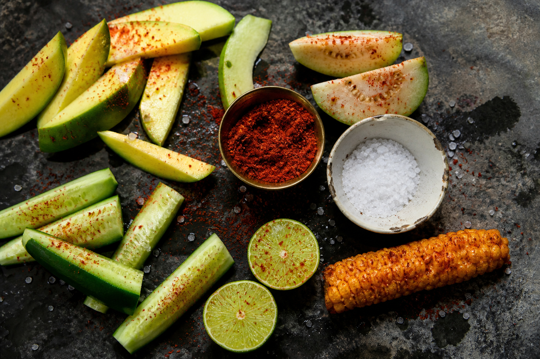 Green fruit and vegetables seasoned with chilli, lime and salt
