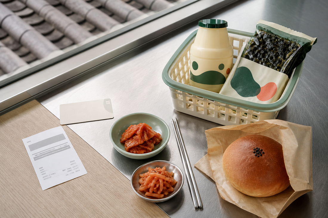 Everyday Korean snacks, banchan, transit card and bakery bun