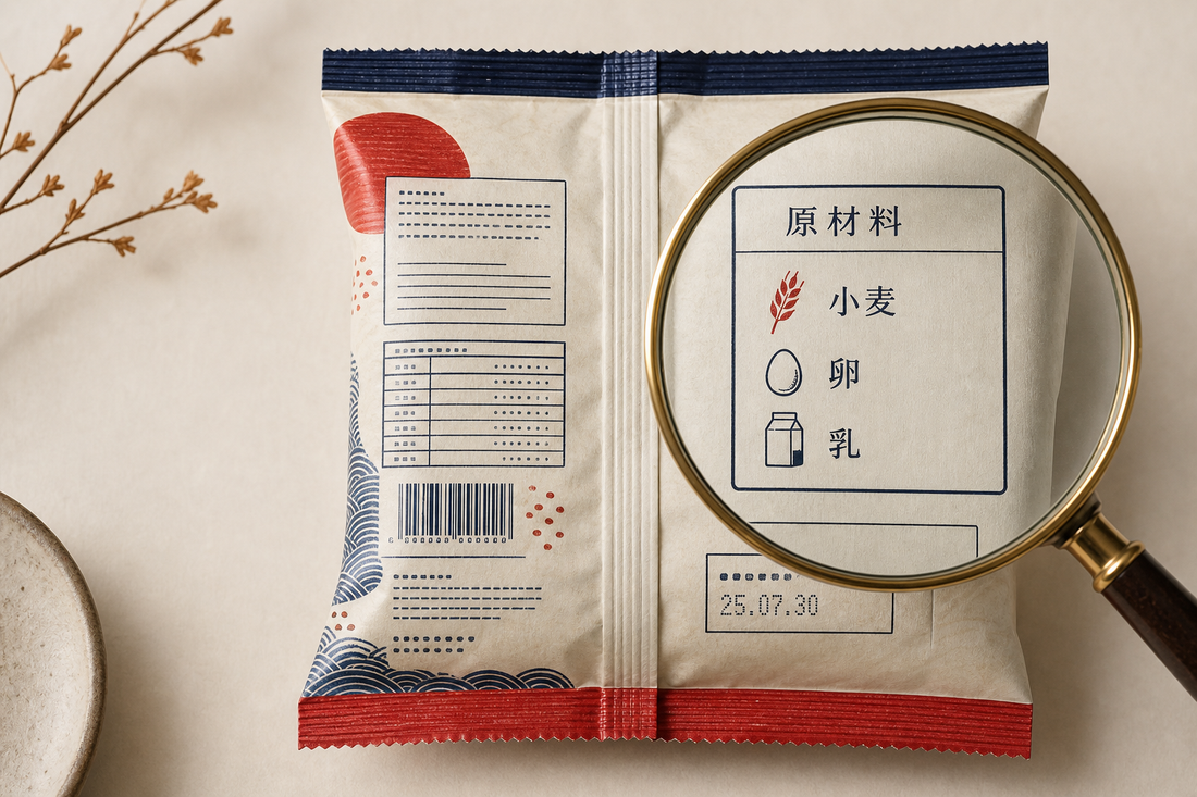 Magnifying glass over the ingredient panel of a Japanese snack packet