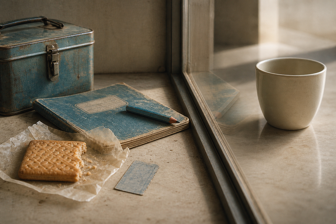 Old lunch tin, school notebook and biscuit separated from a modern cup by glass