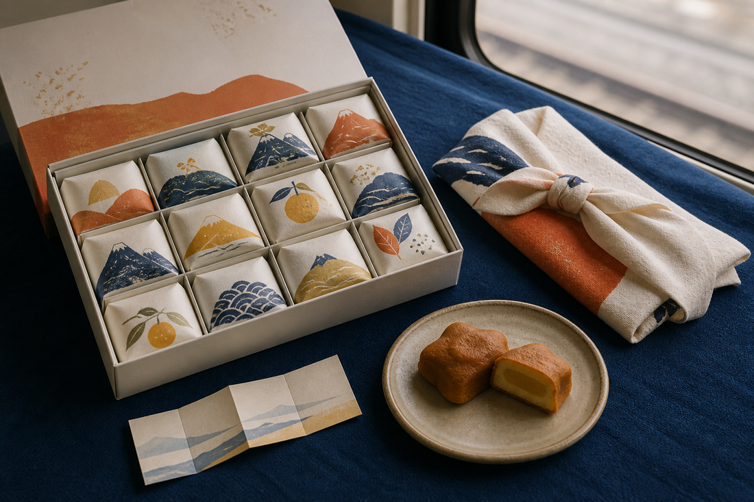 Open Japanese gift-food box with individually wrapped cakes