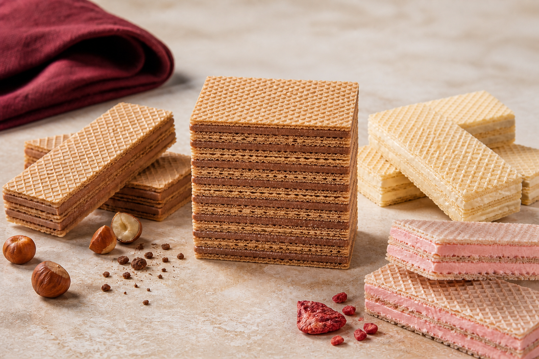 Hazelnut, vanilla and berry wafer biscuits arranged to show their crisp sheets and separate cream layers.