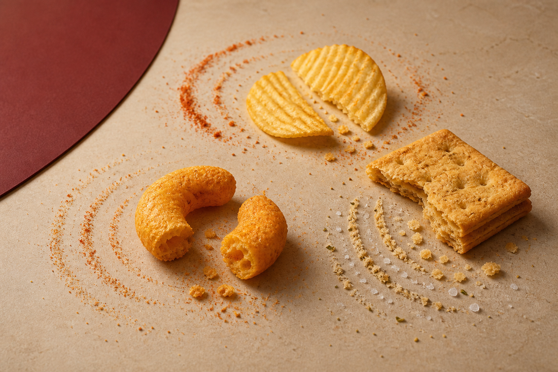 A broken potato crisp, corn puff and layered cracker surrounded by seasoning arcs that resemble sound waves.
