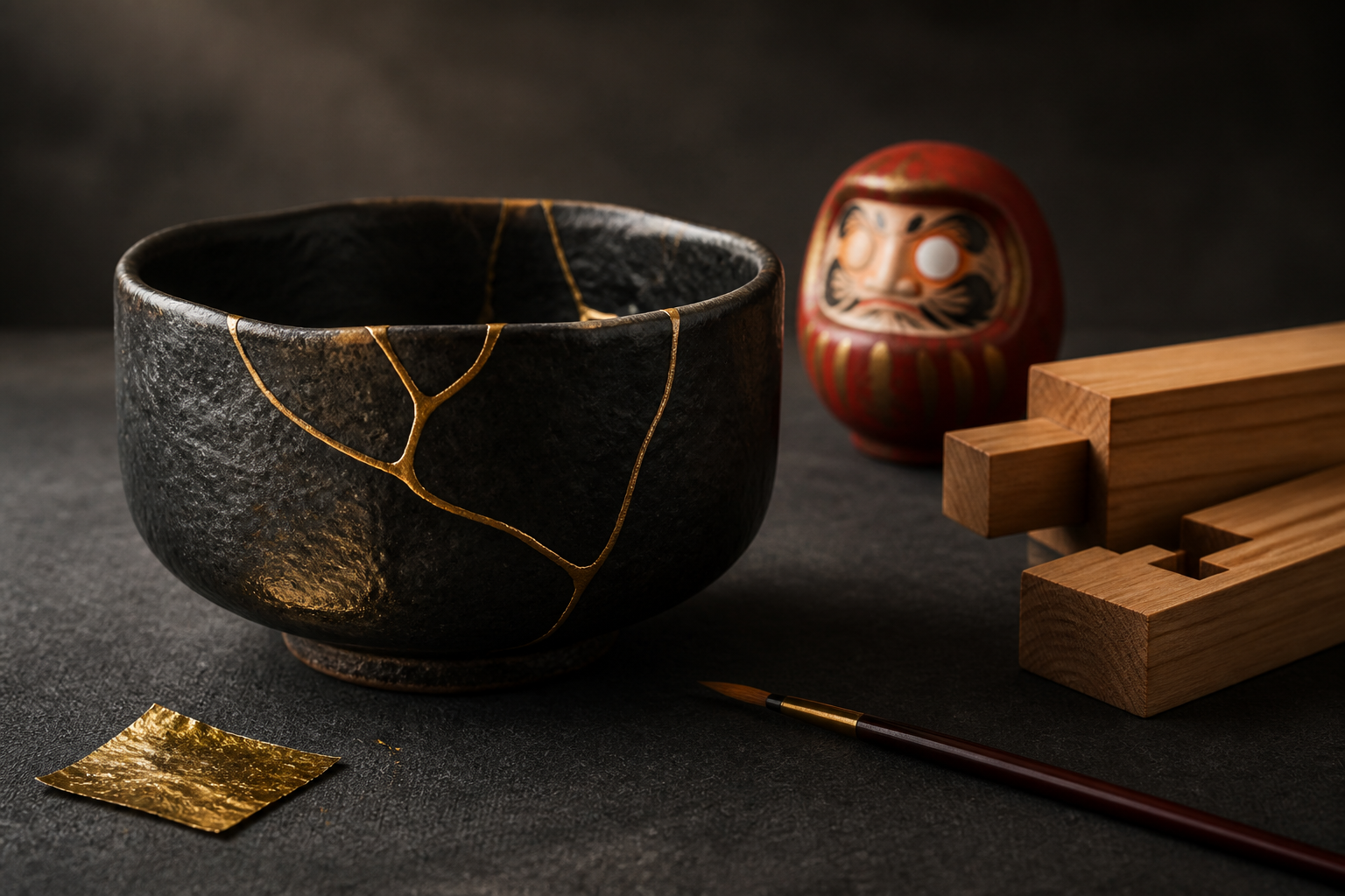 Kintsugi bowl beside cypress joinery and a red daruma
