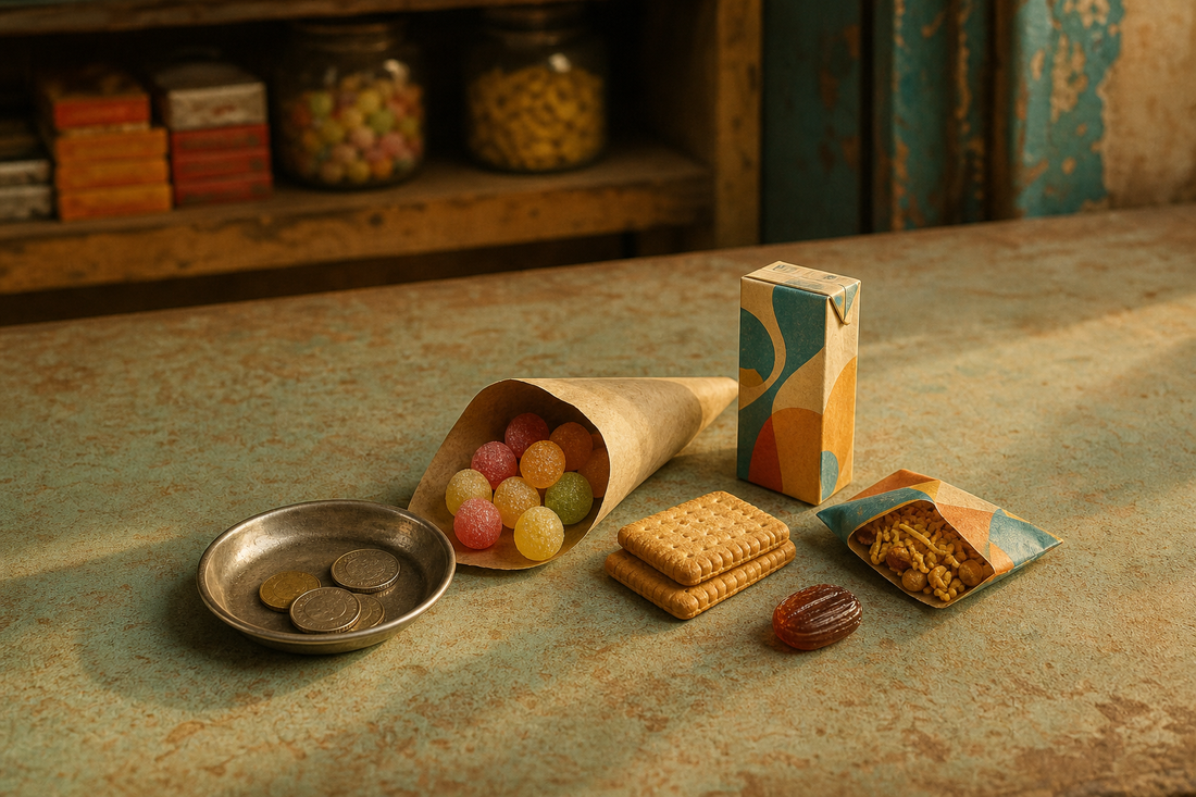 Corner-shop counter with small sweets, biscuits, namkeen and rupee coins