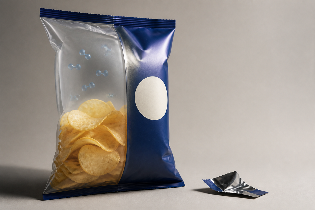 Cutaway crisp packet showing the gas cushion around the crisps