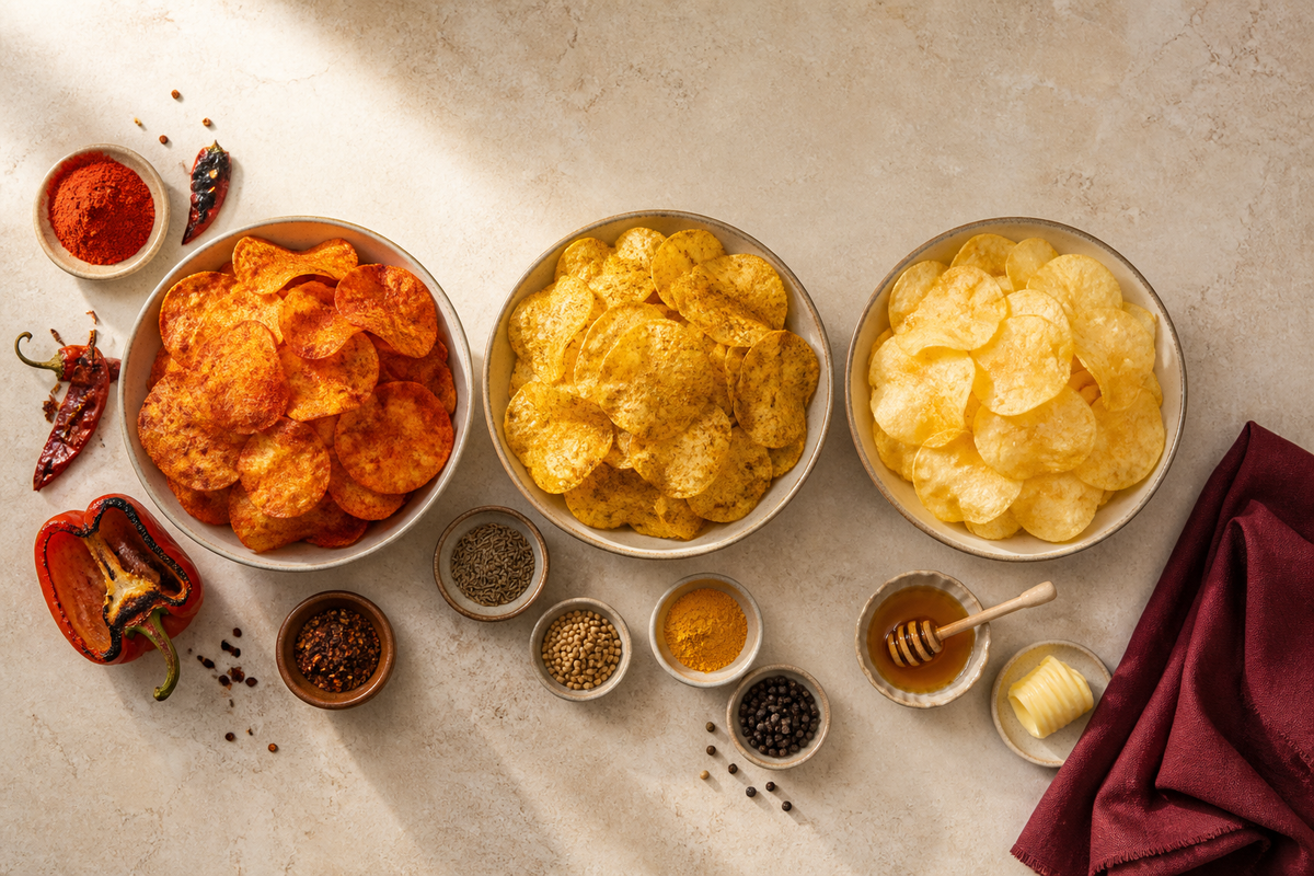 Three bowls of potato crisps seasoned with smoky paprika, masala spices and honey-butter flavours.