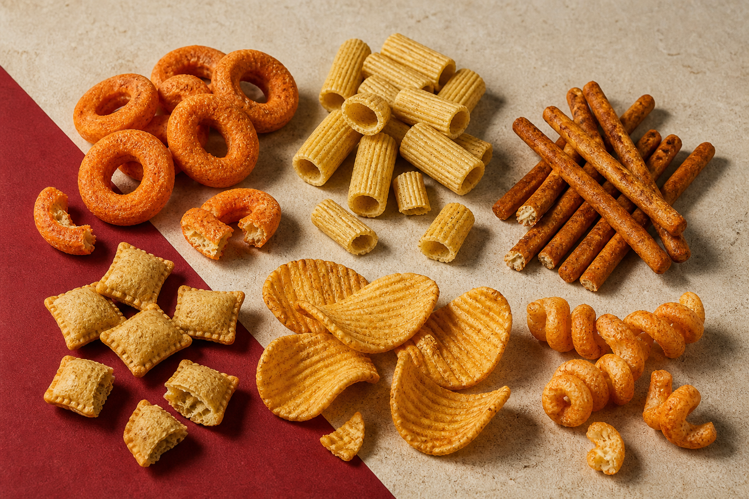 An assortment of unbranded savoury snacks arranged by shape, including rings, ridged tubes, sticks, pillows, curved crisps and spirals.