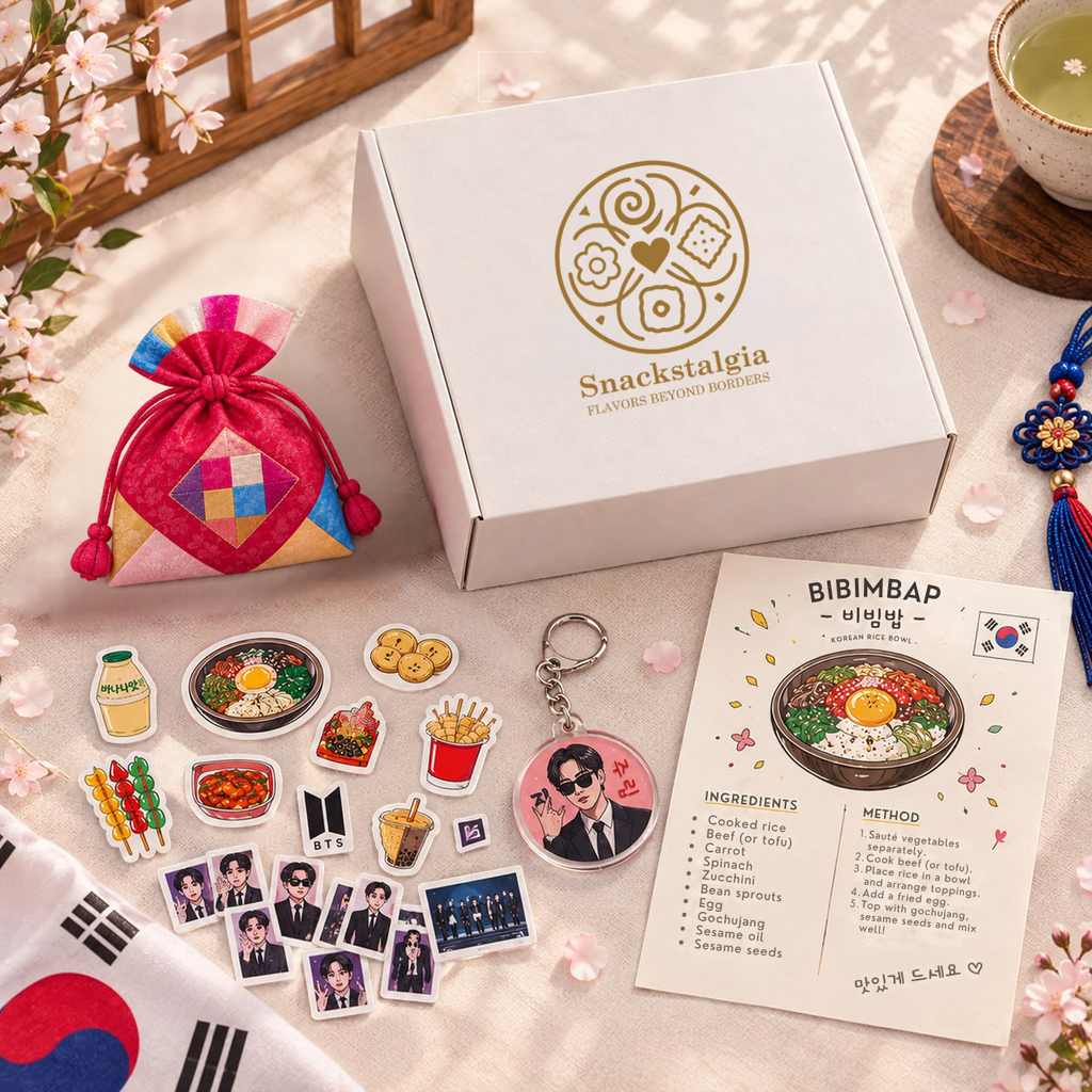 Closed Snackstalgia box with a colourful pouch, food stickers, photocards, a keychain and a bibimbap recipe card.