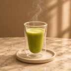 Matcha au lait prepared as a hot drink, a pale green latte in a glass.