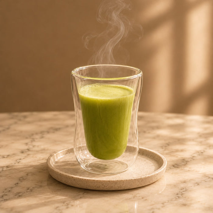 Matcha au lait prepared as a hot drink, a pale green latte in a glass.