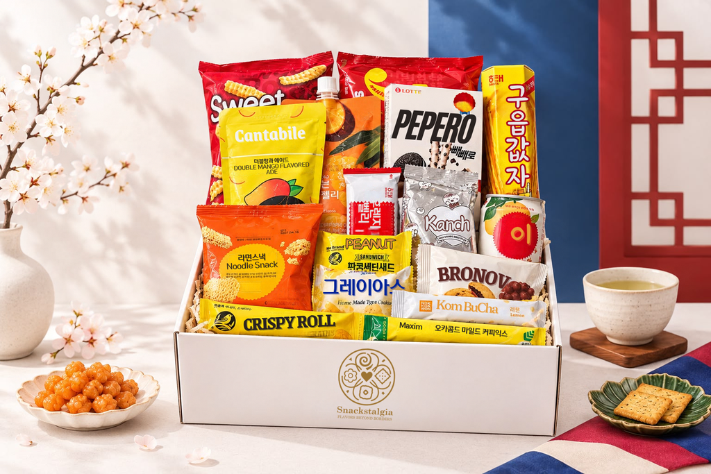 Open Snackstalgia box displaying Korean snacks and drinks, including Pepero, Kancho and Crispy Roll.
