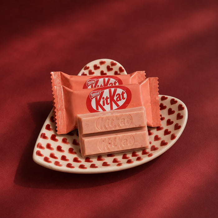 Strawberry Kit Kat minis unwrapped, showing the pink coating over the wafer.