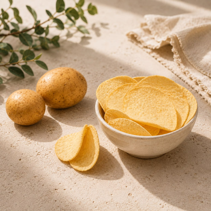 Chip Star sour cream and onion crisps out of the can, thin and uniform pale-gold ovals.