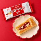 Haitai strawberry French Pie pastry on a scalloped dish beside its red and white wrapper.