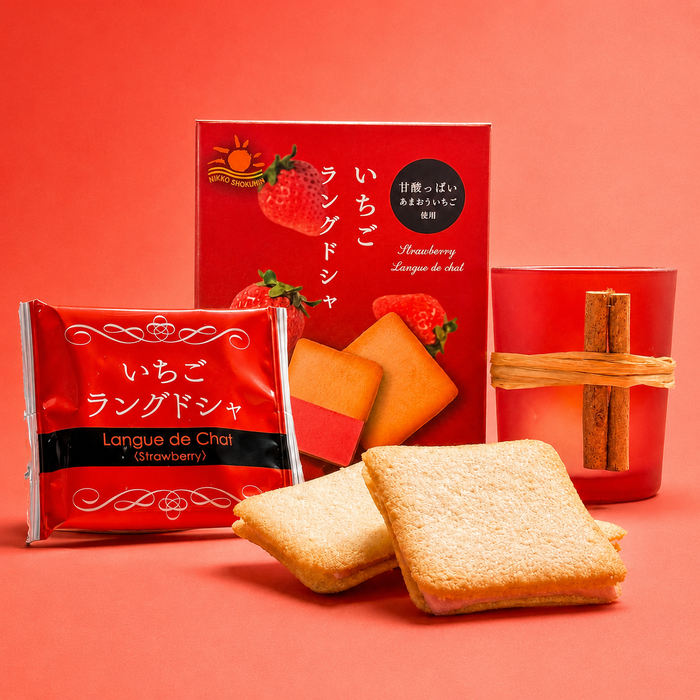 Langue de Chat biscuits unwrapped — slim, pale oval wafers in cheese, white chocolate and strawberry.