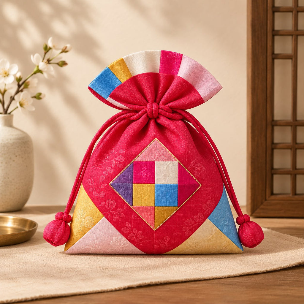 Pink drawstring pouch with a multicoloured patchwork diamond and knotted tassel ties.