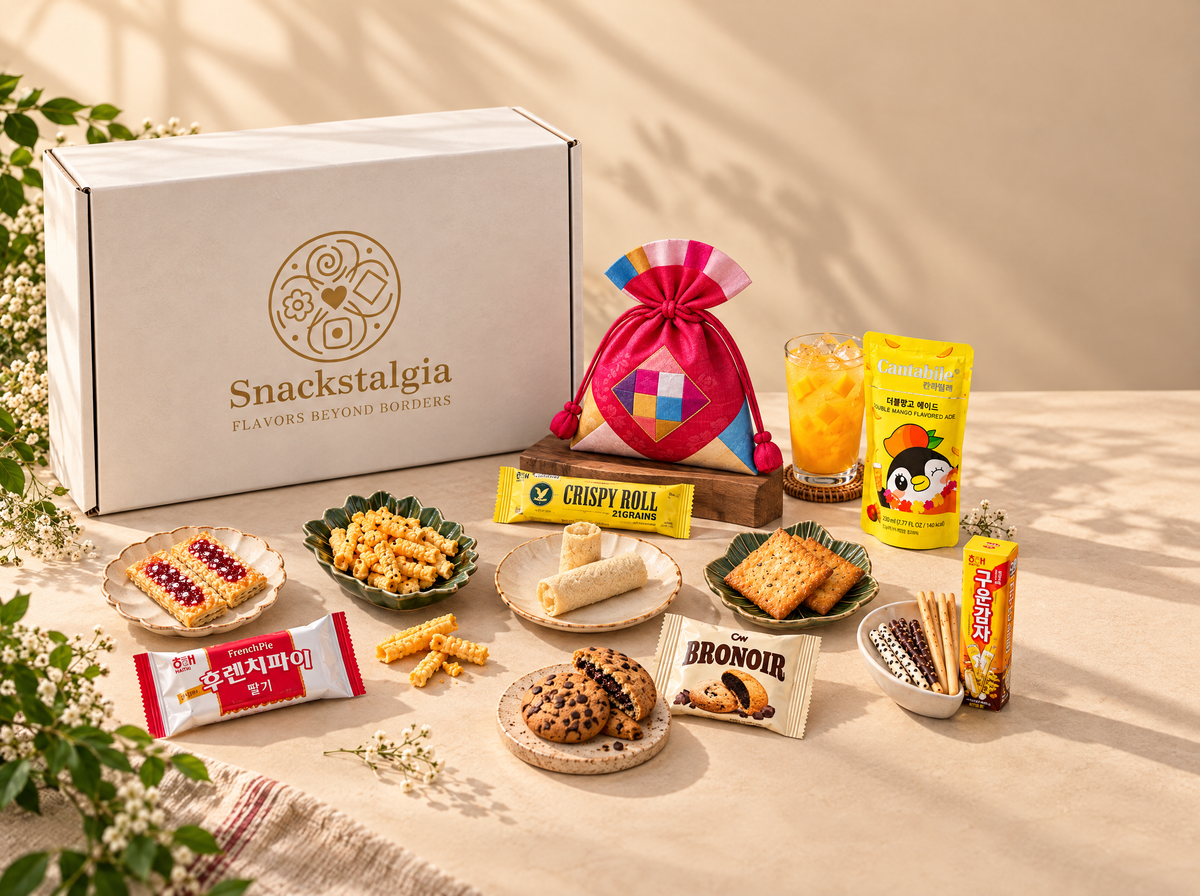 Snackstalgia box beside Korean snacks, a mango drink and a colourful drawstring pouch.